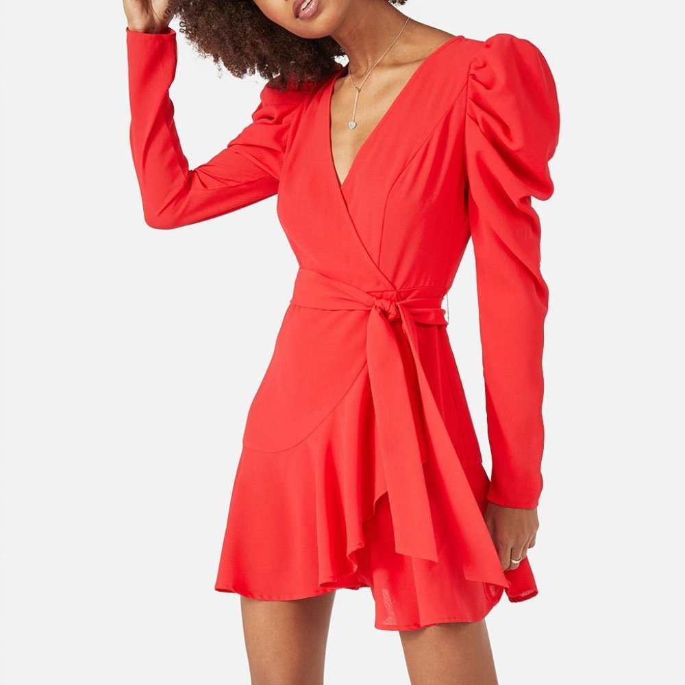 JustFab Red Puff Sleeve Surplice Dress